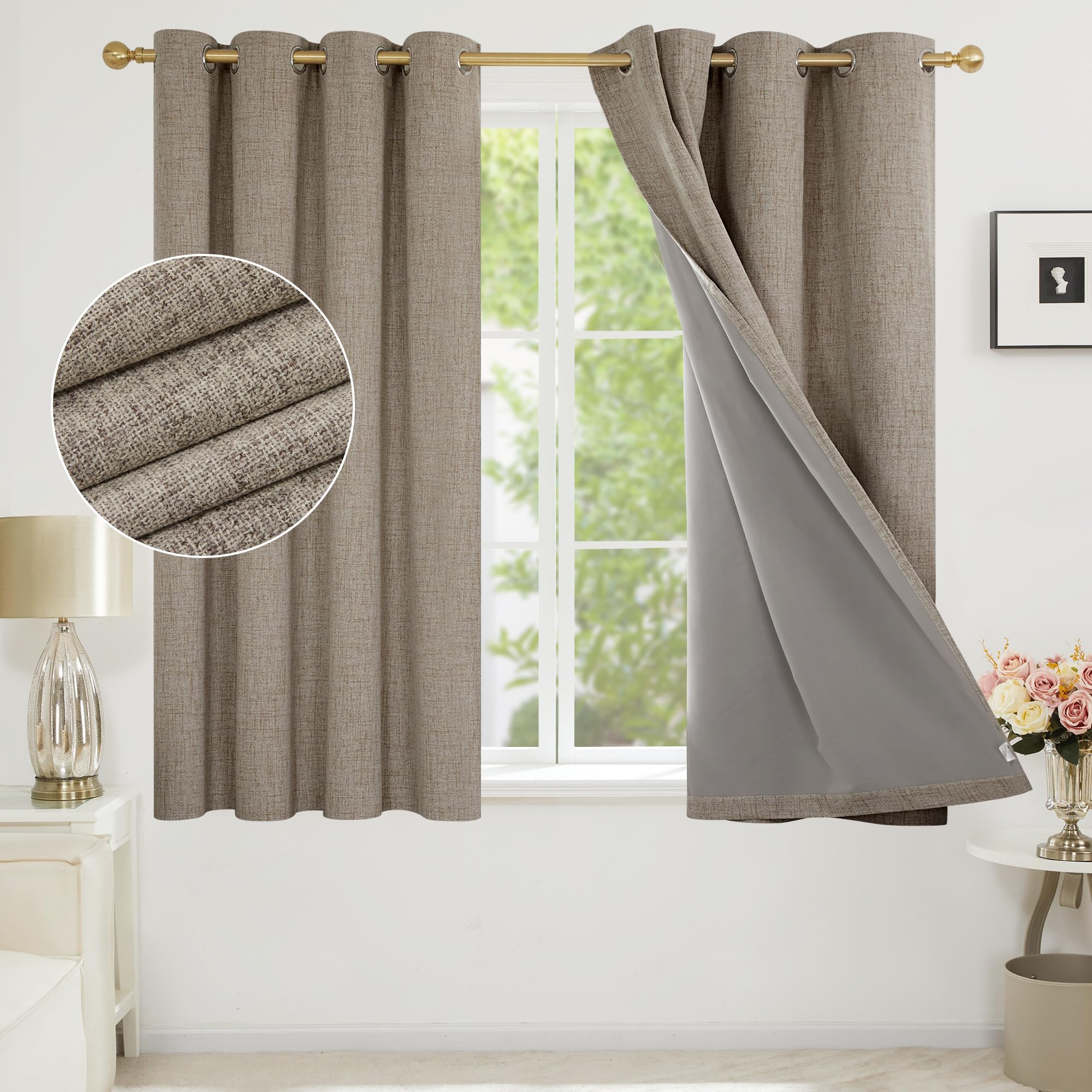 Deconovo Faux Linen Thick Full Blackout Curtains with Coating, Energy Saving Eyelet Thermal Curtains for Kids room, 46 x 54 Inch(Width x Length), Linen, One Pair