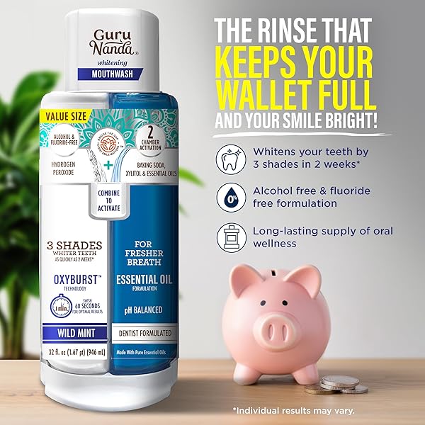 GURUNANDA TEETH WHITENING DUAL BARREL OXYBURST MOUTHWASH – ALCOHOL & FLUORIDE FREE, HYDROGEN PEROXIDE TO PROMOTE WHITER TEETH – WILD MINT – 32 FL OZ