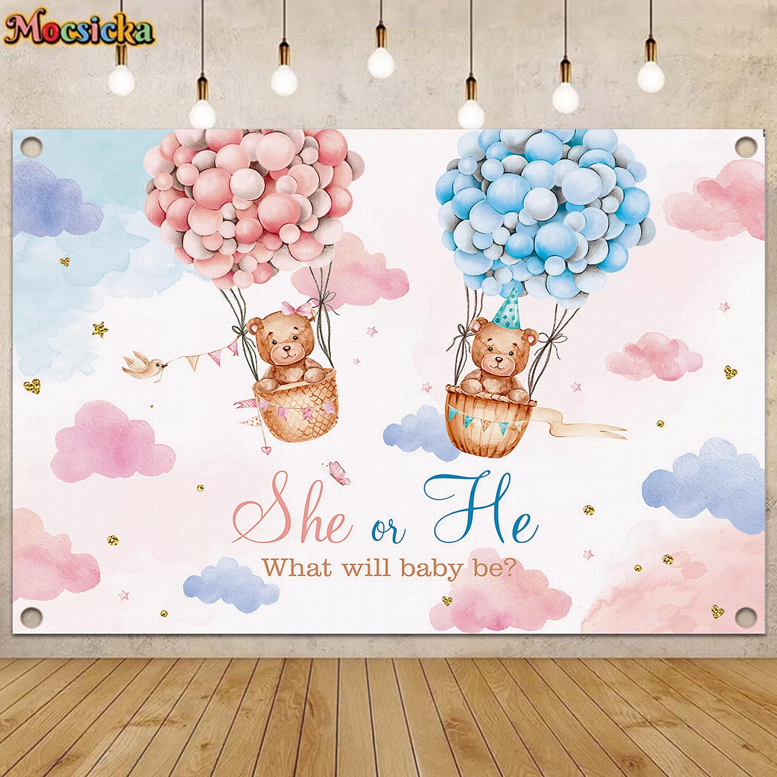 Pink and Blue Gender Reveal Background Banner She Or He Background Banner Gender Reveal Party Decoration Balloon Cloud Bear Pregnancy Announcement Backdrop for Baby Shower Decoration 180 * 120cm (A)