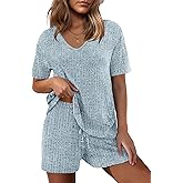 Ekouaer Womens 2 Piece Lounge Sets Summer Two Piece Outfits Ribbed Knit V Neck Short Sleeve Tee and Pockets Shorts Sets