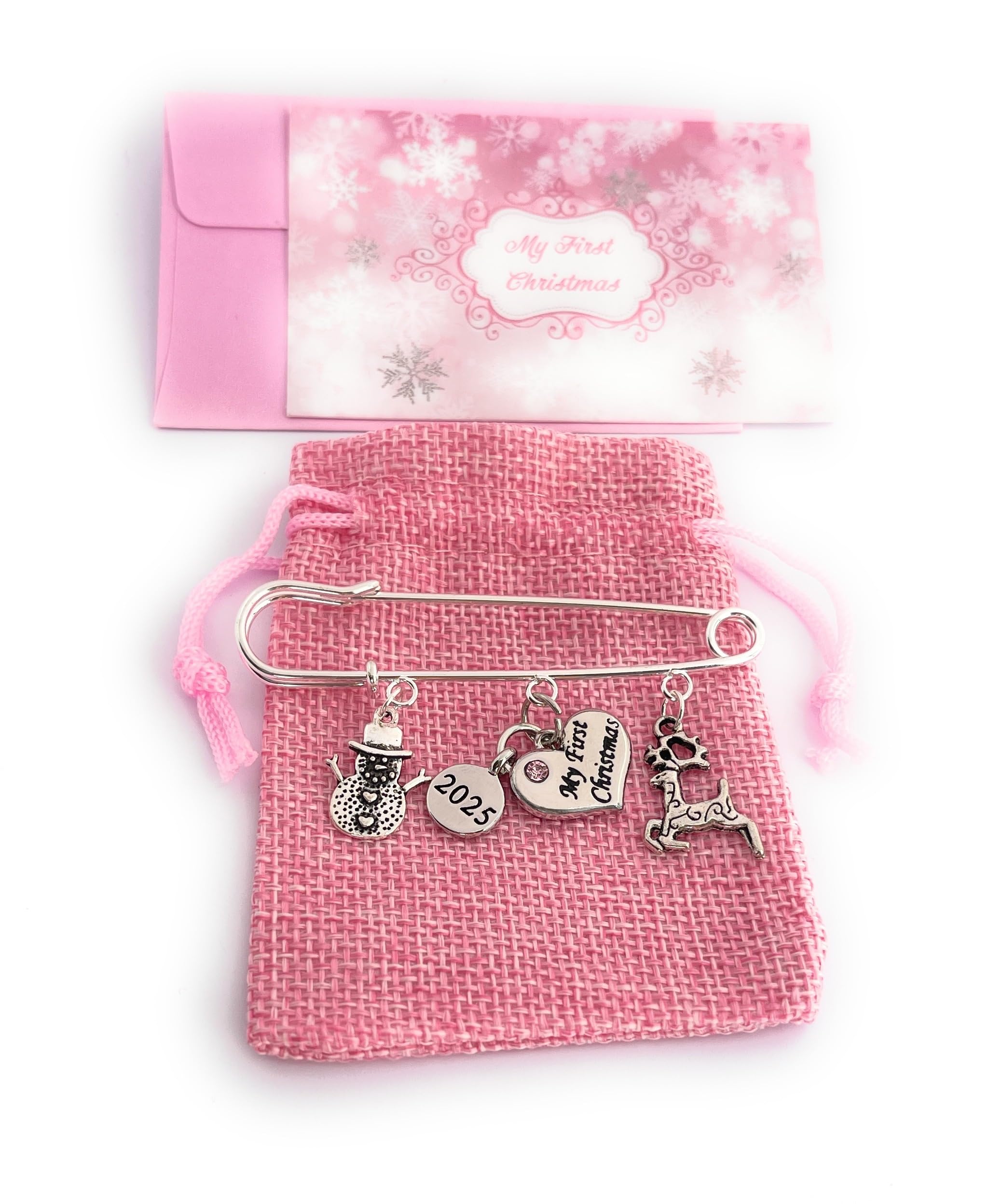 Baby Girl My First Christmas 2025 Baby Keepsake Charms with Pink Gift Bag and Gift Card - Reindeer and Snowman