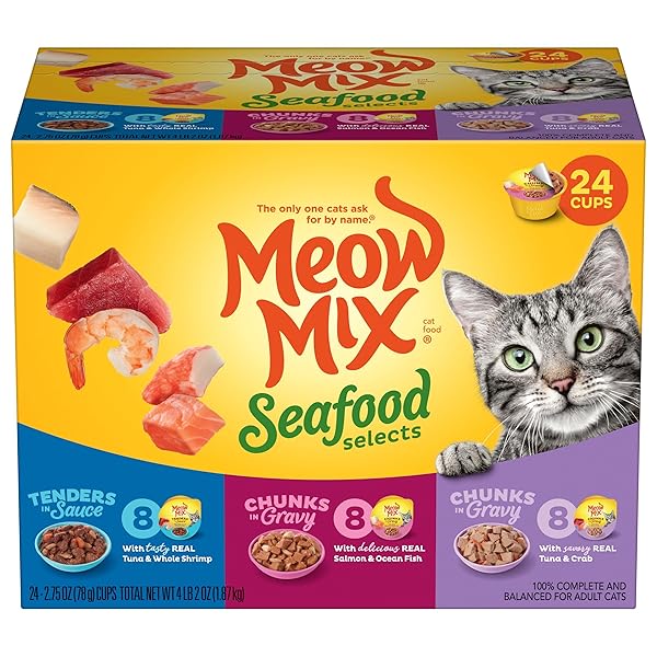 MEOW MIX SEAFOOD SELECTS WET CAT FOOD VARIETY PACK, 2.75 OUNCE CUPS (PACK OF 24)