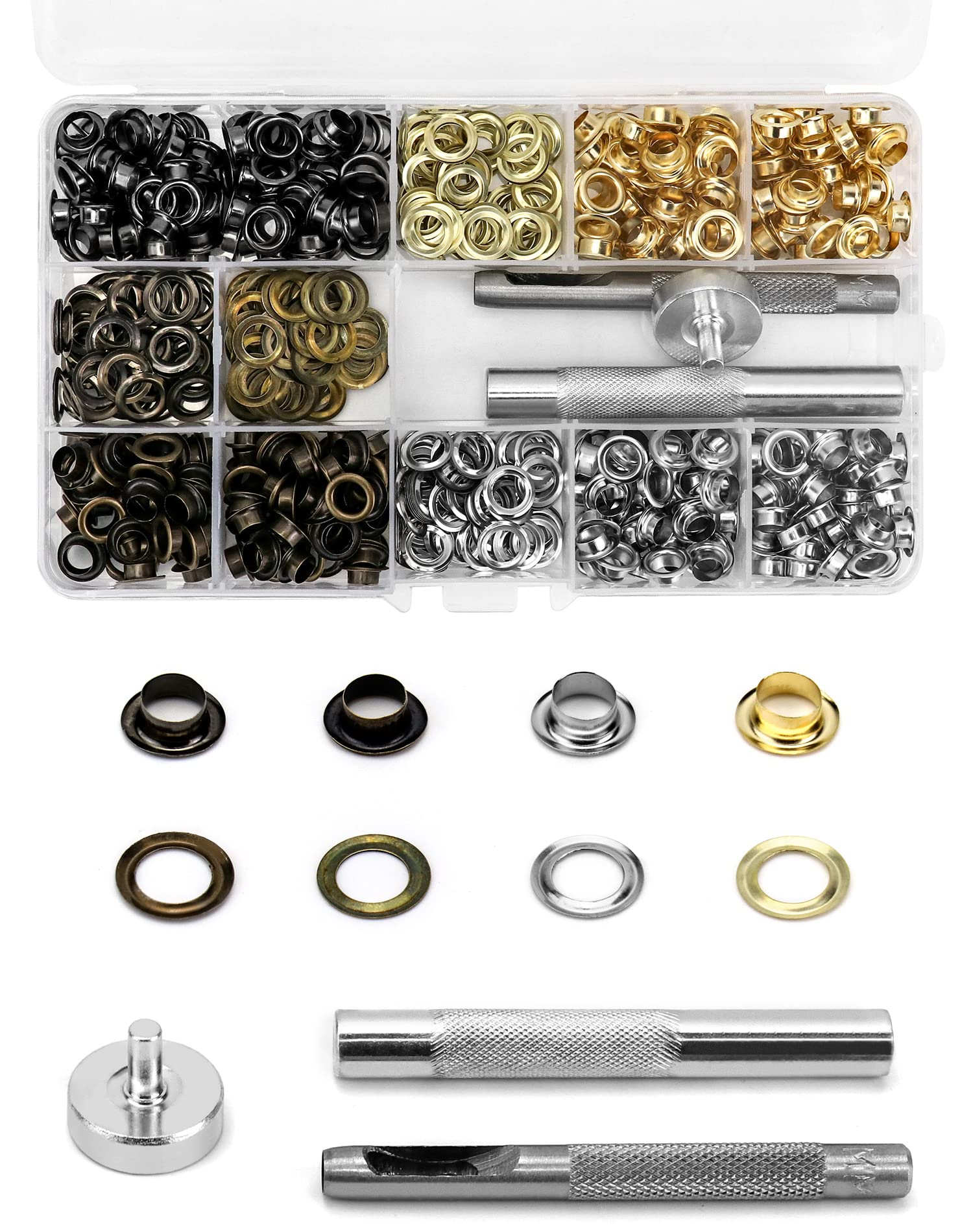 QWORK® 400 Sets 1/4" Fabric Grommet Kit, Grommet Eyelet Kit 6mm, Metal Eyelets with 3 Grommets Setting for Fabric Leather Espadrilles DIY, 4 Colors