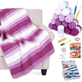 Reessy Crochet Blanket Kit for Adult Beginners, Purple Ombre Chenille Yarn | 16 chenille yarn skeins in 4 shades, hooks, tools and video instructions for adults learning crochet.