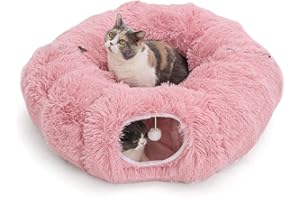 WALNEST Cat Tunnel with Bed – Soft Plush Peekaboo Donut Cave for Indoor Cats | Under Christmas Tree Hideaway & Multifunctional Playground Toy for Kittens, Rabbits, Ferrets (Long-Pile Fabric Pink)