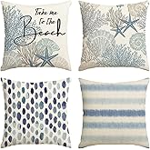 AVOIN colorlife Take Me to The Beach Summer Throw Pillow Covers, 18 x 18 Inch Blue Ocean Starfish Summer Cushion Case for Sofa Couch Set of 4