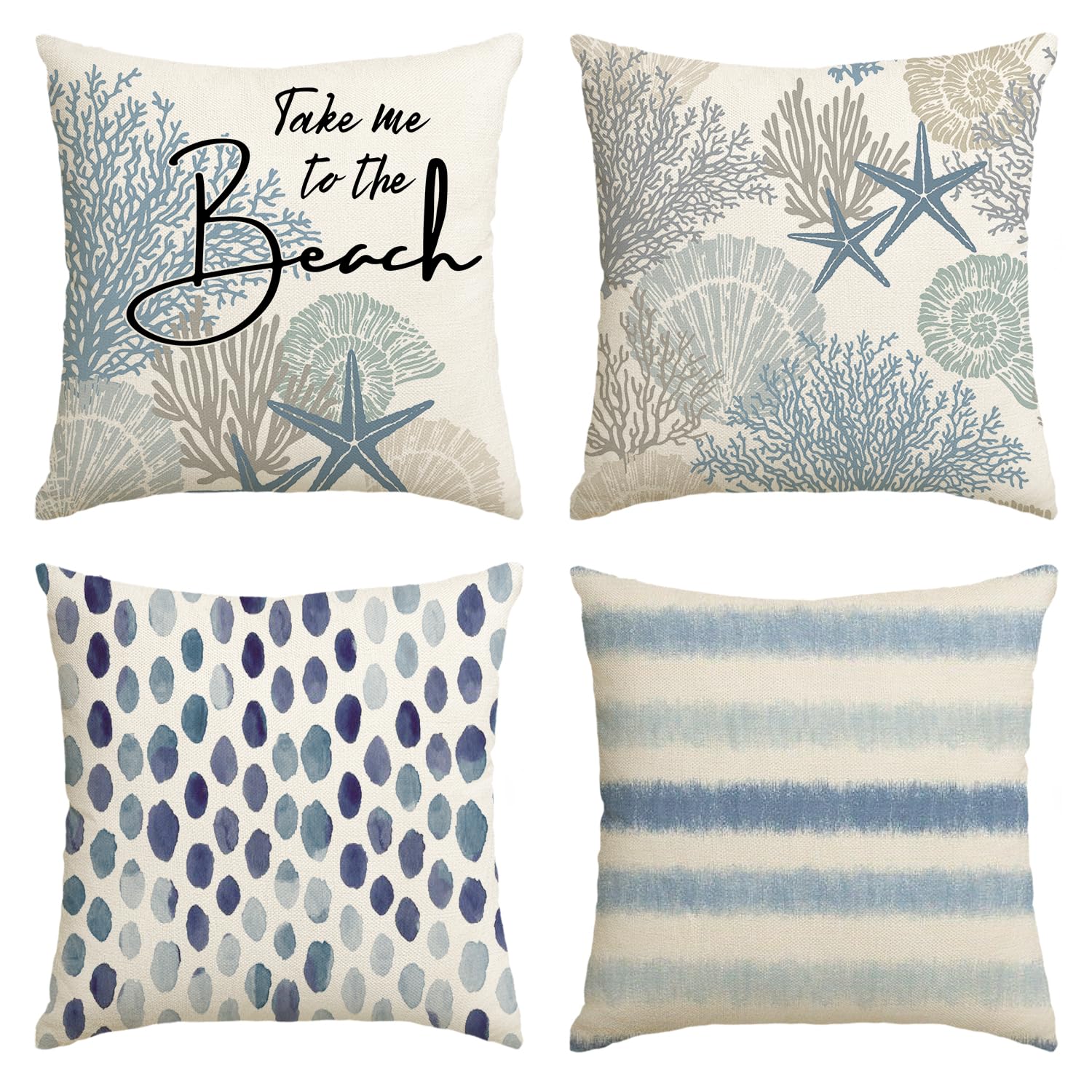 Photo 1 of AVOIN colorlife Take Me to The Beach Summer Throw Pillow Covers, 18 x 18 Inch Blue Ocean Starfish Summer Cushion Case for Sofa Couch Set of 4