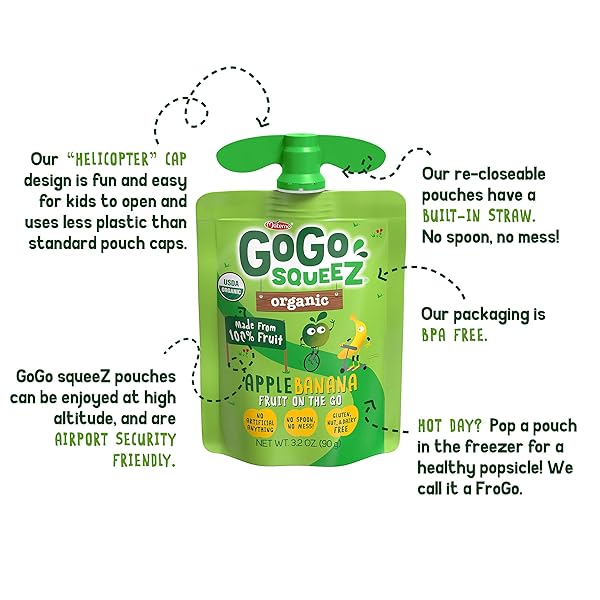 GOGO SQUEEZ ORGANIC APPLESAUCE, APPLE BANANA, 3.2 OUNCE (4 POUCHES), GLUTEN FREE, VEGAN FRIENDLY, UNSWEETENED APPLESAUCE, RECLOSEABLE, BPA FREE POUCHES