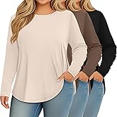 Ficerd 3 Pack Womens Plus Size Long Sleeve Tops Crew Neck Loose Fit T Shirt Stretchy Casual Winter Tops Basic Tees Shirts