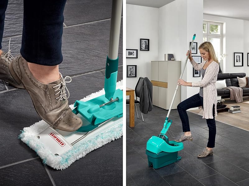 Leifheit Conjunto de caçamba com rodas e esfregão Profi XL extra-plano, balde de torção com prensa, esfregão com poste de aço e tampa de substituição
