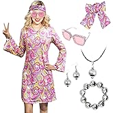 MRYUWB 70s Women Disco Dress Hippie Costumes Necklace Earrings Glasses, 60's 70's Birthday Outfits, 1970s Prom Bling Dress