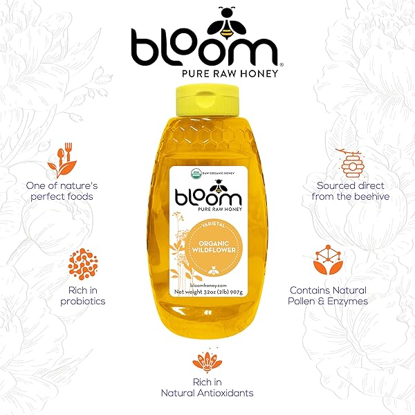 BLOOM HONEY 100% PURE ORGANIC RAW UNFILTERED AND UNPASTEURIZED RAW HONEY (WILDFLOWER, 32OZ)