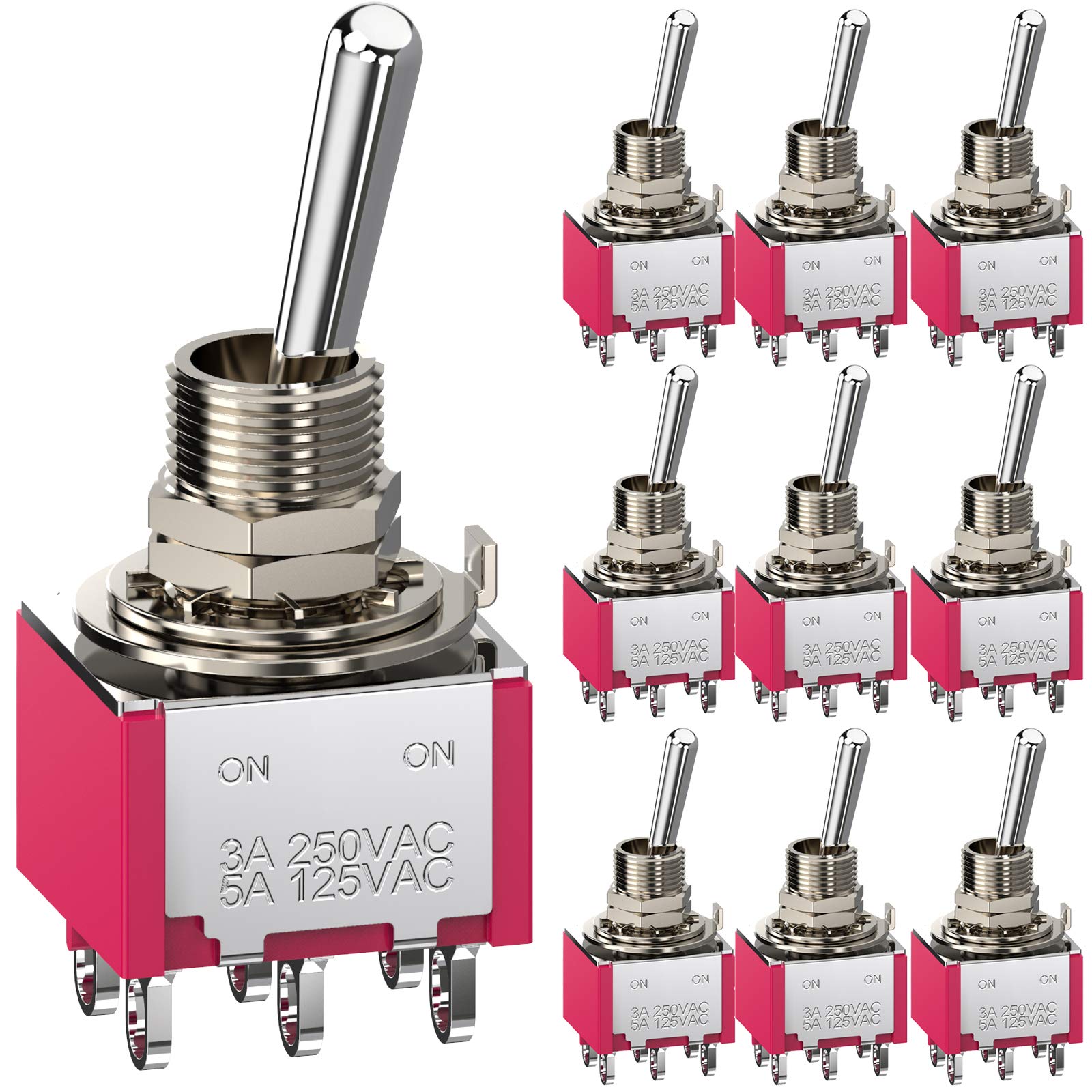 CLDIY Toggle Switch 6 Terminals 2 Position ON/ON DPDT 6 mm Mini Toggle Switch for Car Dashboard AC 5A / 125V 3A / 250V Pack of 10