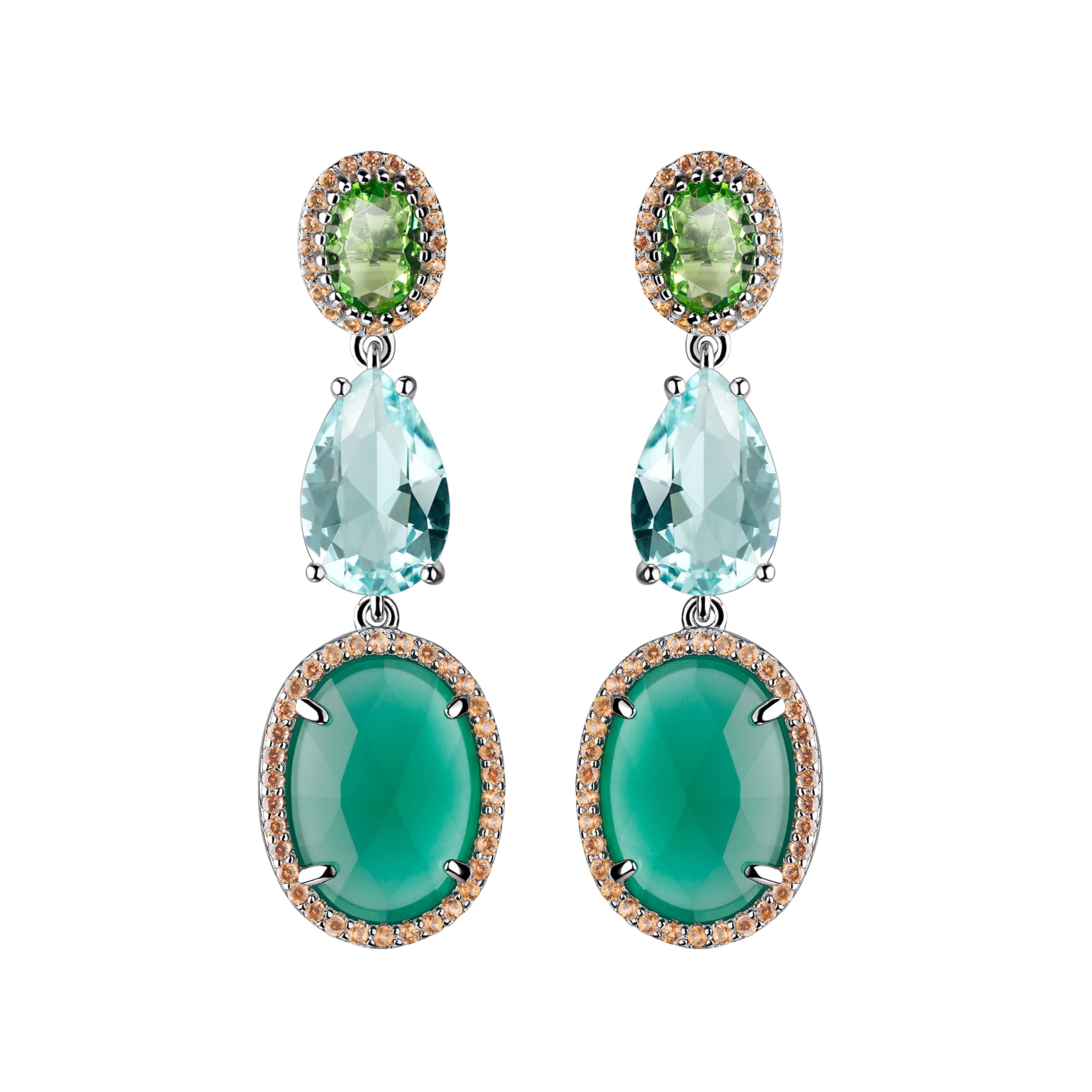 Franki Baker Sterling Silver Drop Earrings with Green Jade, Green Amethyst & Peridot Nano Gem, Length: 4cm