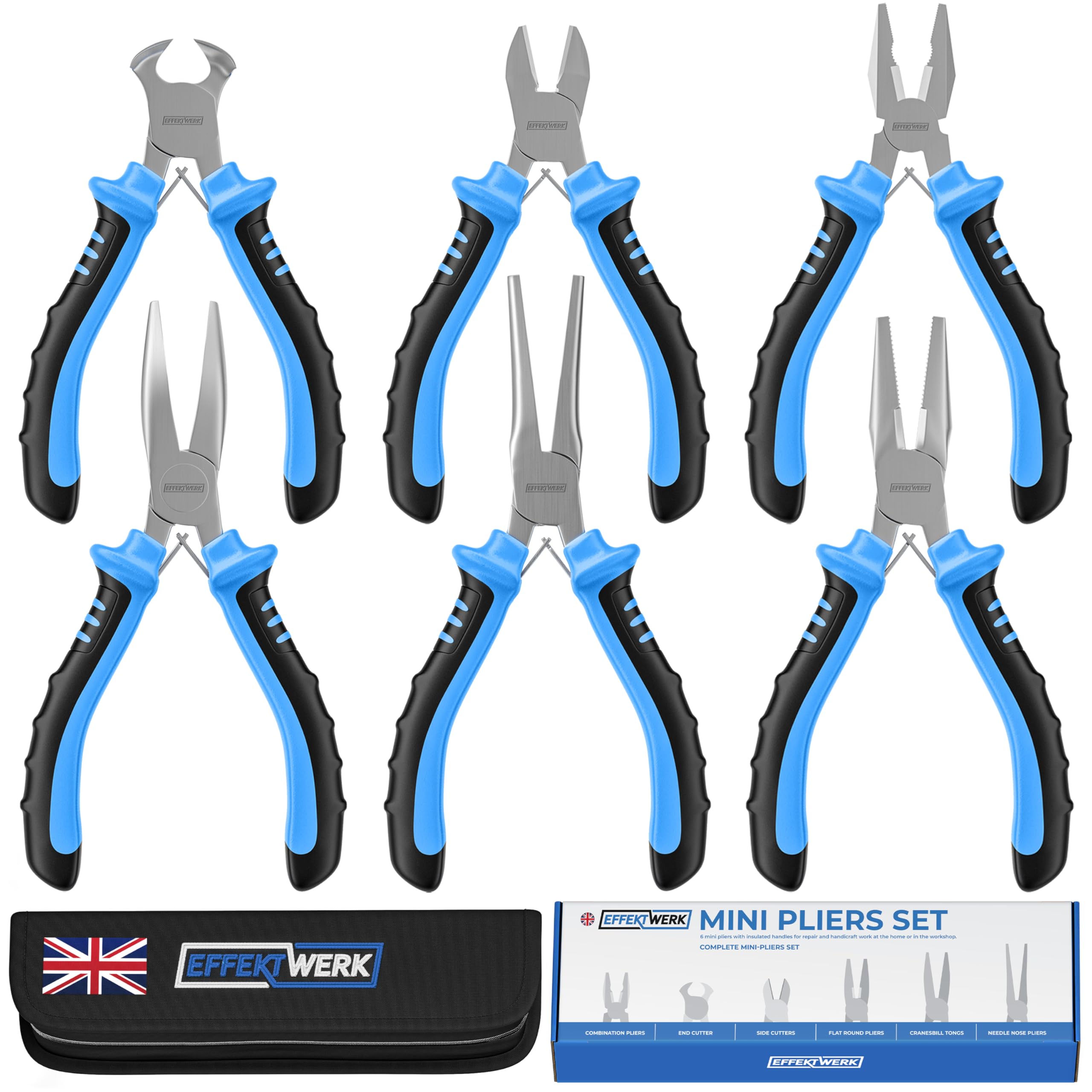 Effektwerk 6-Pc Mini Pliers Set, Linesman, Long Nose, Needle Nose, Bent Nose, Diagonal Cutting & Wire Cutters, Electrician Tool Kit w/Small Pouch, Use for Jewellery Craft & Electronic Repairs