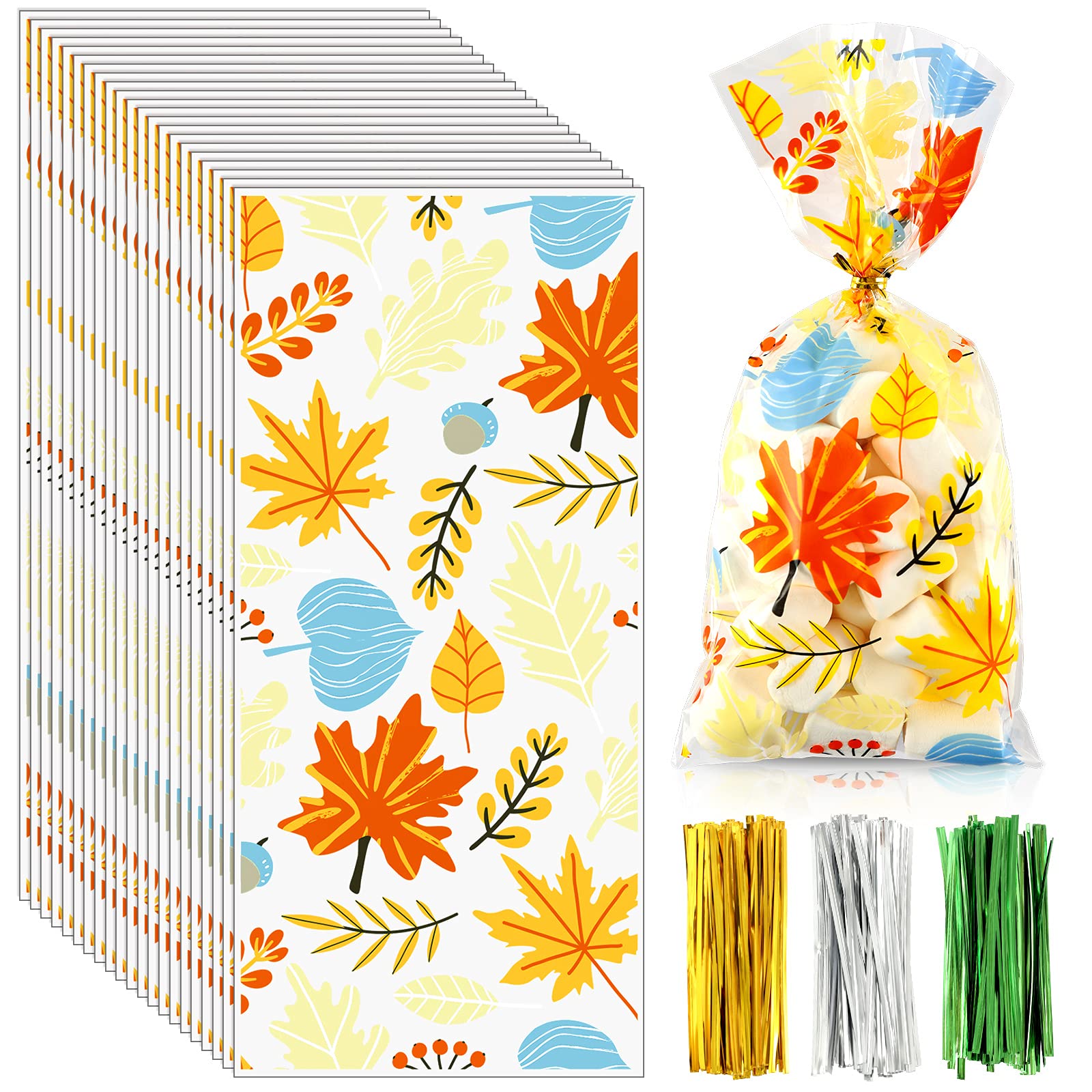 Whaline 120Pcs Fall Cellophane Bags with 150Pcs Twist Tie Autumn Maple Leaves Cello Bag Double-Sided Goodie Treat Gift Bags Thanksgiving Party Favor Bags Bulk for Party Favor Candy Chocolate Cookie