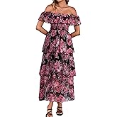 Simplee Womens Floral Wedding Guest Dress Spring Summer 2026 Chiffon Boho Off Shoulder Smocked Tiered Flowy Maxi Dresses
