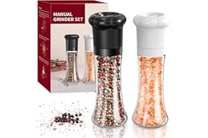 CIRCLE JOY Manual Salt and Pepper Grinder Set For Professional Chef, Refillable Salt and Pepper Shakers with Ceramic Blades, Adjustable Coarseness and BPA-free 180ml Glass Container, Tall Black White