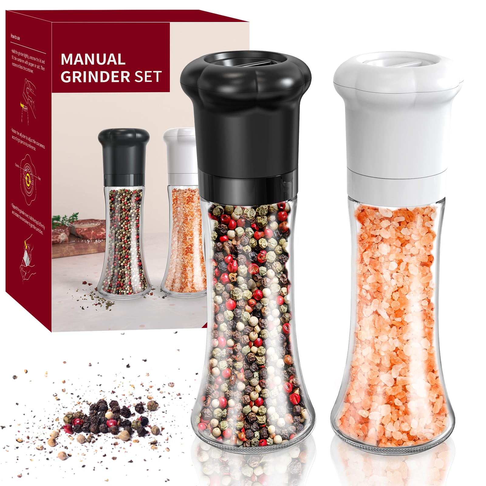 CIRCLE JOY Salt and Pepper Grinder, Manual Pepper Grinder Set with Adjustable Ceramic Blades, Glass Body Shakers for Kitchen BBQ, No Salt/Pepper Included, 180ml