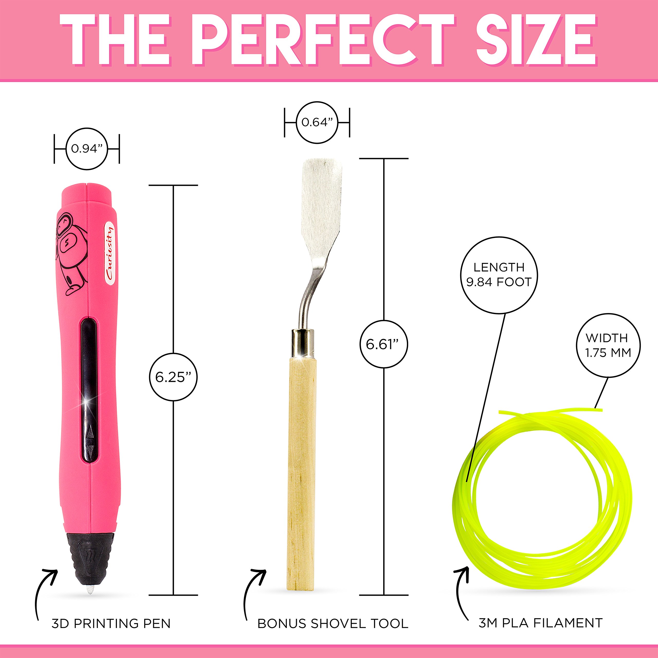 3D Printer Pen - Simple & Fun 1 Button Operation 3D Pen for Kids, Teens and Adults - Includes Two PLA Filaments, USB & BONUS Safety Shovel Tool by Curiosity