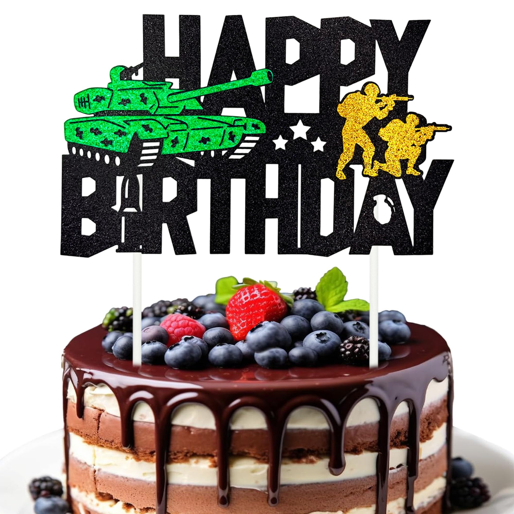 Photo 1 of Tank Happy Birthday Cake Topper - Glitter Tank Soldier Cake Decoration for Army Soldier Military Theme Party, Birthday Party Cake Decor Supplies