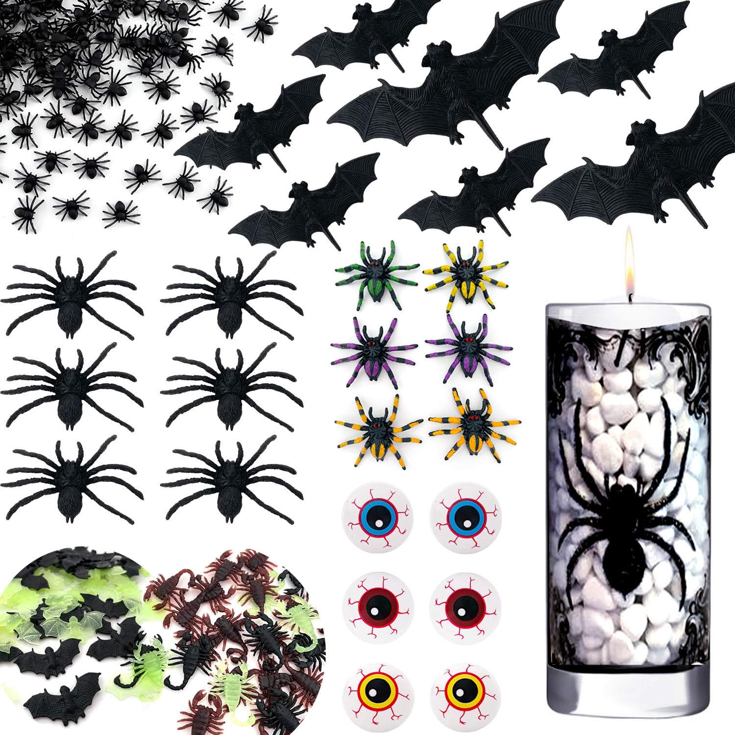 Photo 1 of 120Pcs Mini Halloween Figurine Miniatures, Plastic Fake Spiders, Bats, Skull Heads, Eyeballs & Scorpions for DIY Spooky Jars, Fairy Garden Decoration, Halloween Craft Supplies