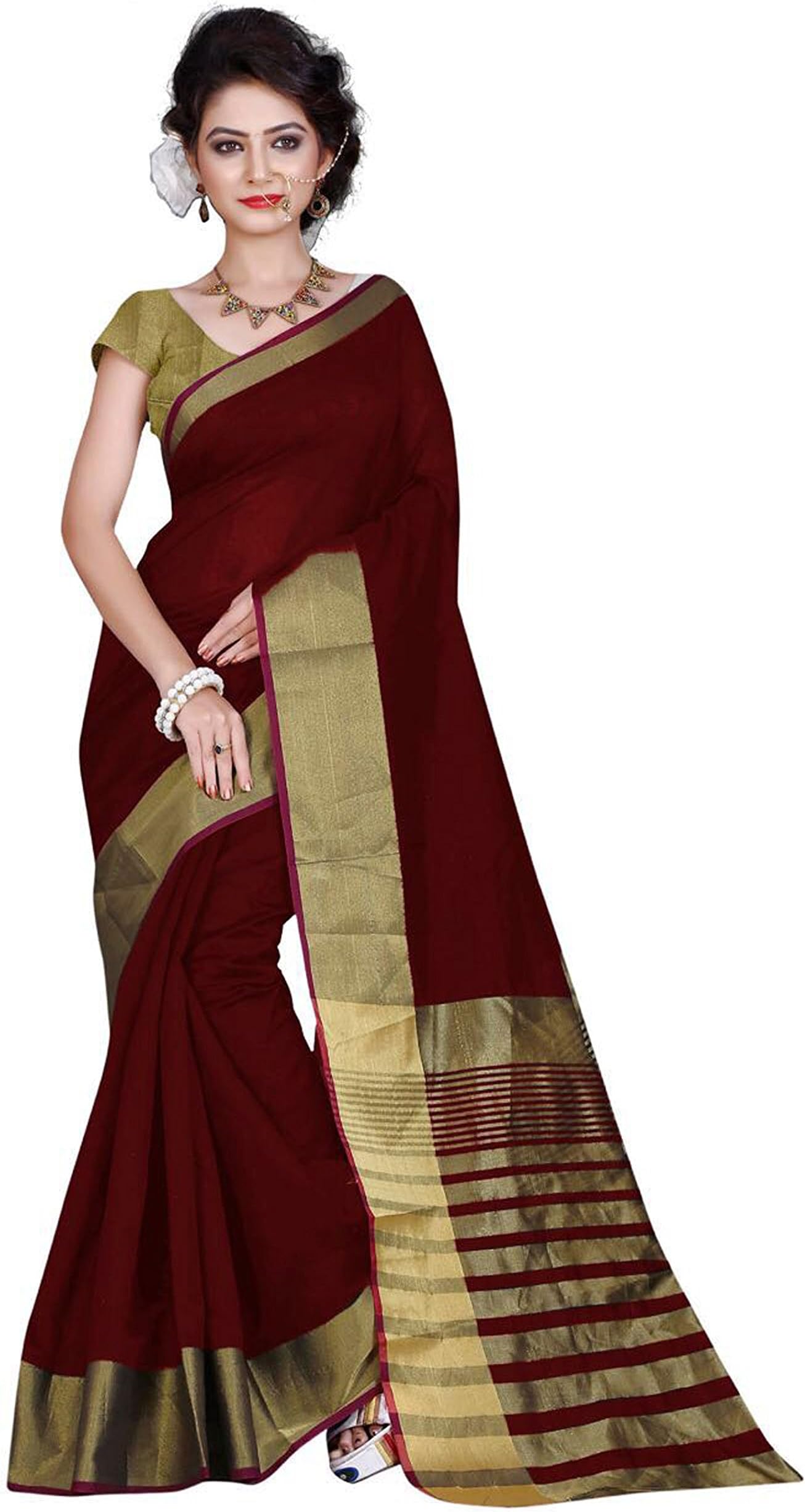 Indian Fashionista Cotton with Blouse Piece Saree (INDMHVR145-1740-1_Brown_one Size)