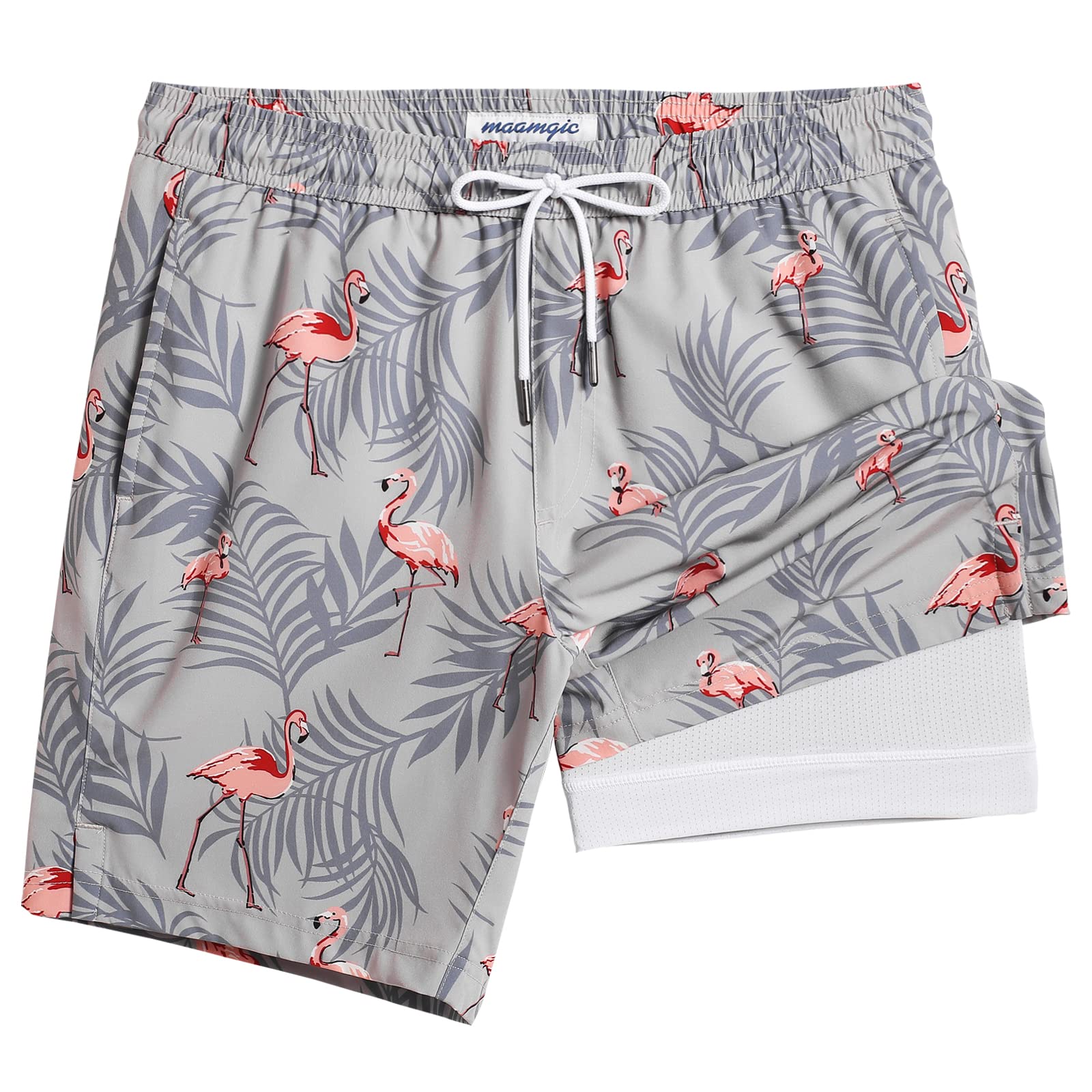 Photo 1 of maamgic Mens Swim Trunks with Compression Liner 7 Inch Inseam Mens Bathing Suit Quick Dry Swimming Trunks Swimsuit Flamingo Gray White Medium