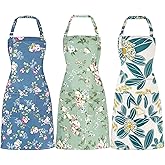 IHFAIO Apron for Women with Pockets, 3 Pcs Floral Print Canvas Apron with Adjustable Neck Strap for Cooking, Baking, Gardening, Crafts