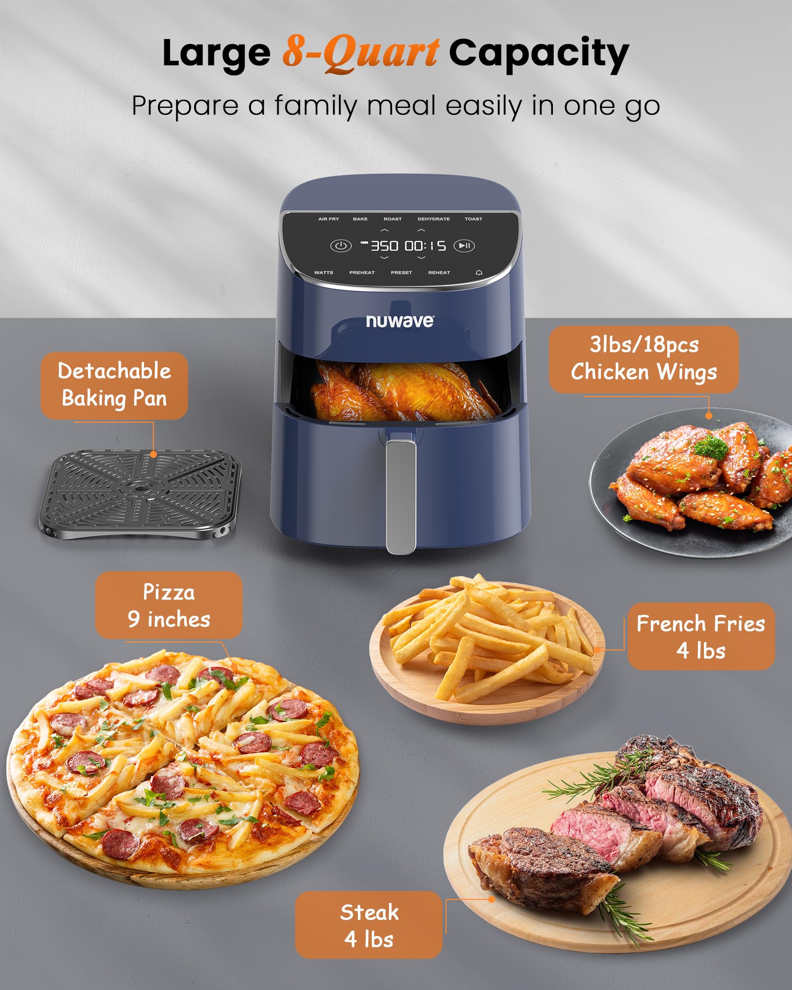 Freidora de aire Nuwave Brio Plus de 8 cuartos, nueva y mejorada, SIN PFAS, 7 funciones digitales de cocción con un solo toque que FREÍR AL AIRE, HORNEAR, ASAR, DESHIDRATAR, TOSTAR, RECALENTAR, PRECALENTAR, 150 ajustes preestablecidos, 50 °F ~ 400 °F (azul profundo)