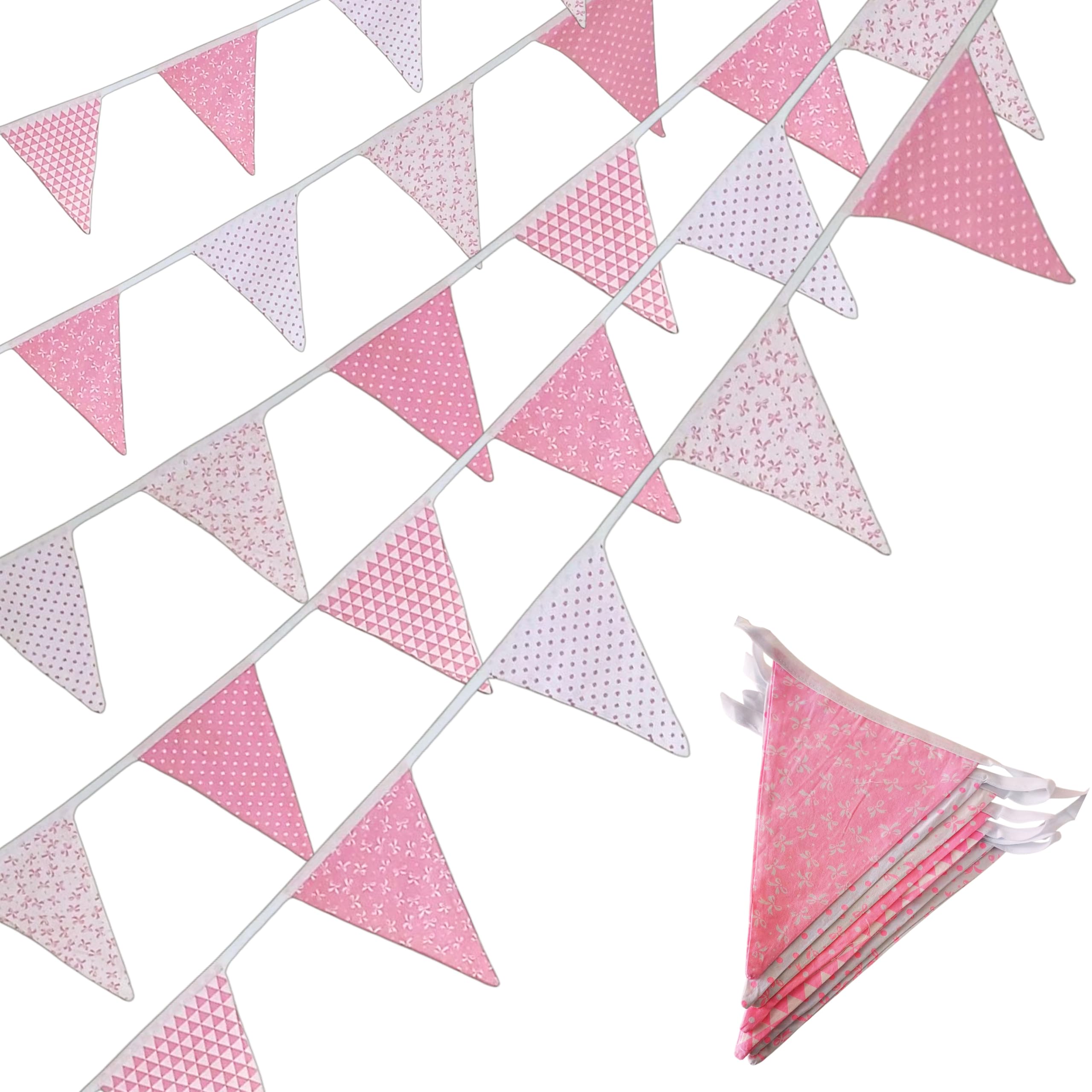 Quirki Fabric Bunting Pink Banner Garland 40ft Reusable Cotton Bunting Triangle Flags for Indoor Outdoor Garden Nursery Bedroom Birthday Afternoon Tea Wedding Party Decoration