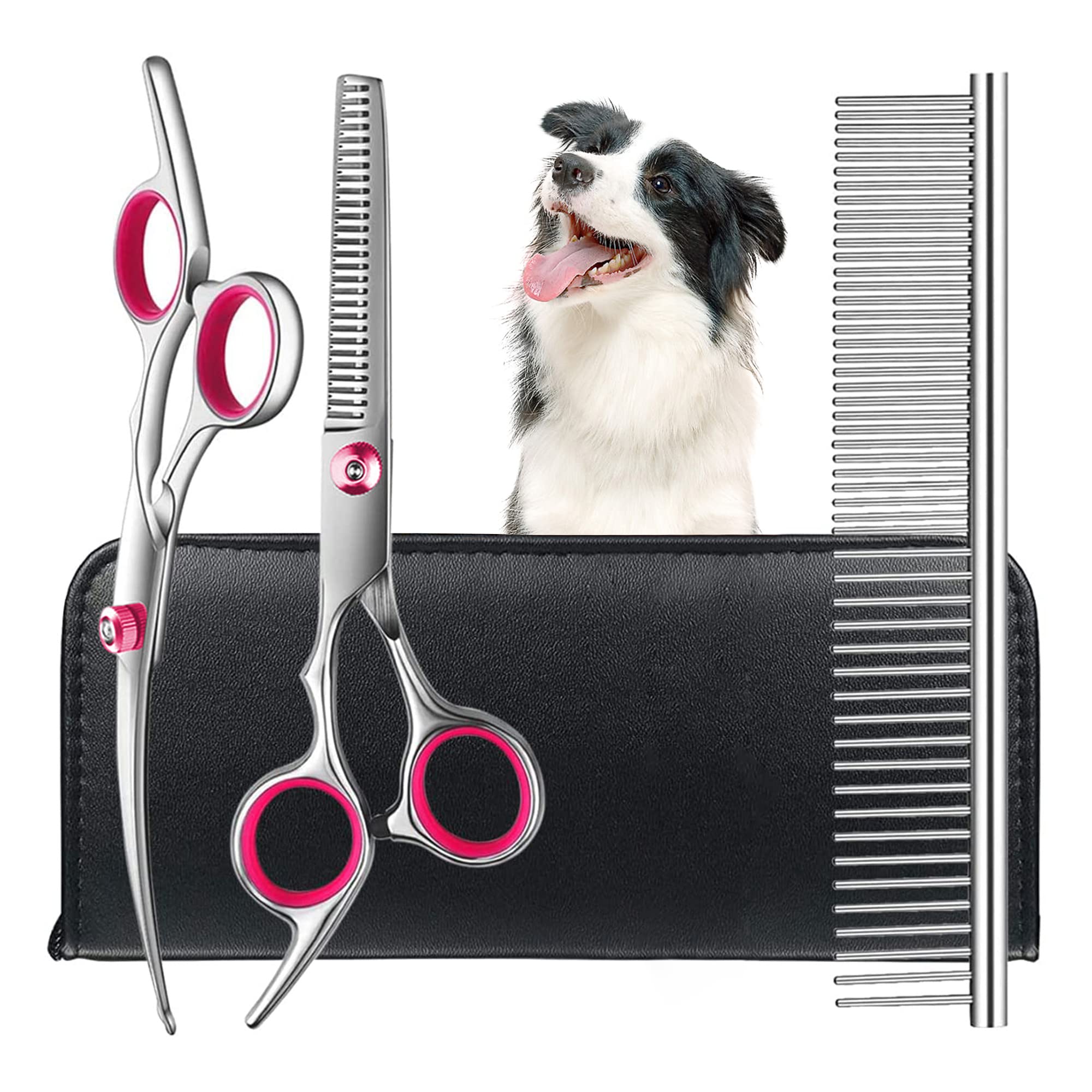 Kaket Dog Grooming Scissors, Pet Grooming Shears, Thinning Shears, Curved Scissors, Stainless Steel Pet Grooming Pink
