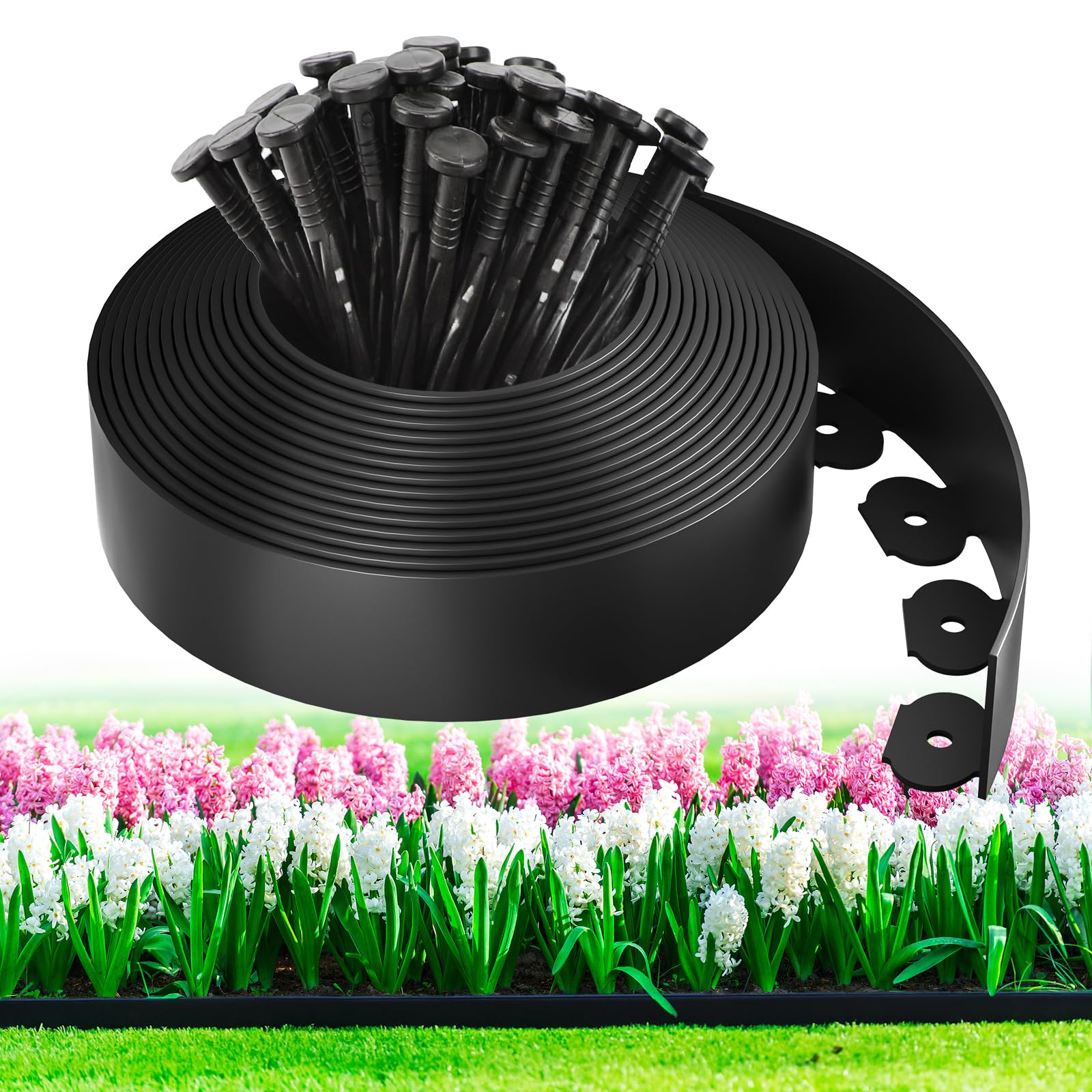 Photo 1 of MIXC 33ft, 1.5in Tall Landscape Edging Kit with 50 Spikes, No-Dig Flexible Plastic Edge Border for Landscaping, Lawn, Garden, Flower Beds, Yard, Paver, Playground, Fence, Pathway, Black,1pack,33ft