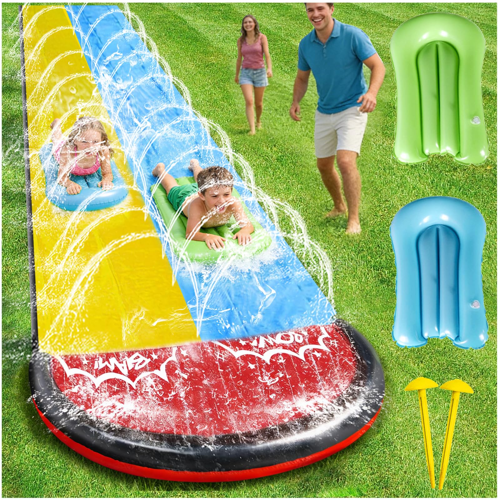 Hlayshing 480cm Slip Slide and 2 Bodyboards,Lawn Water Slide with Built-in Water Spray Feature Dual-Lane Racing Slide Suitable for Kids and Adults Summer Garden Water Playground Outdoor Toys