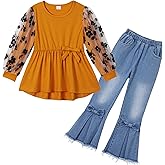 Luckrizyy Todder Kids Girls Clothes Long Sleeve Shirts Top Flare Denim Jeans 2 Piece Fall Winter Girl Rodeo Outfits Set 3-8T