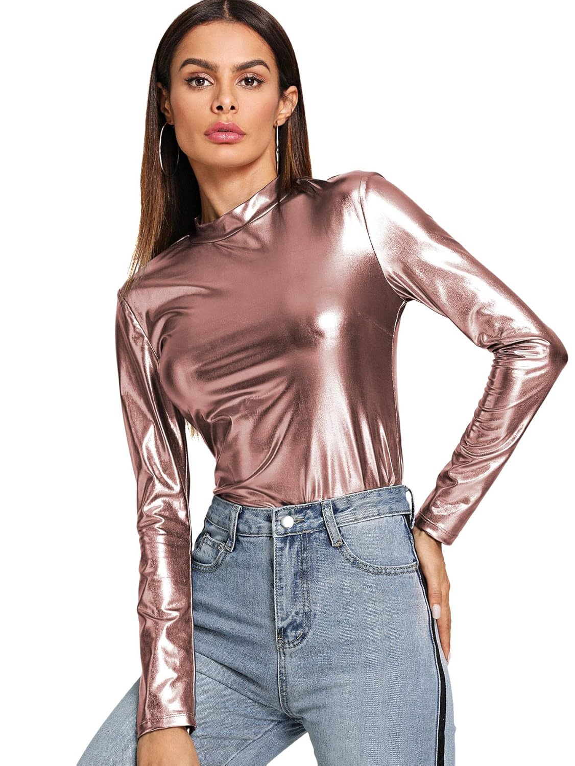 Buy Verdusa Women's Mock Neck Metallic Long Sleeve T-Shirt Party Tee Tops Rose Gold XL at Amazon.in