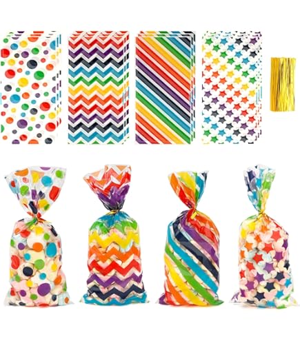 120 PCS Rainbow Cellophane Treat Bags, Colorful Cellophane Bags, Plastic Star Polka Dot Stripes Printed Candy Cookies Goodie Gift Bag For Valentine's Day Kids Birthday Party Holiday Favor Supplies