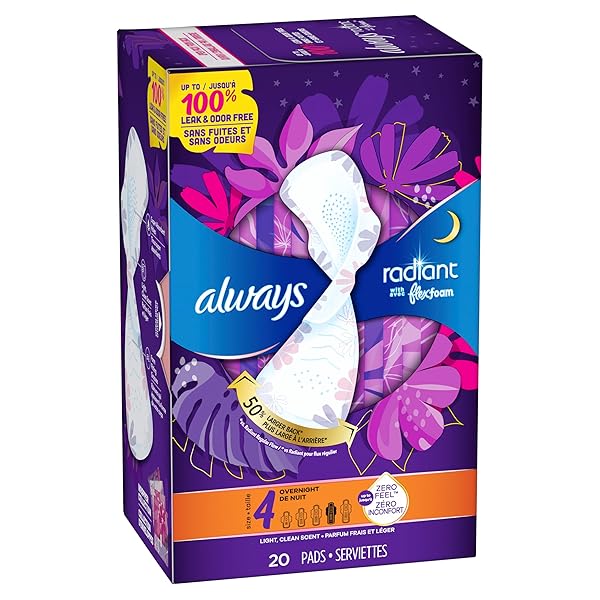 ALWAYS RADIANT PADS, SIZE 4, OVERNIGHT ABSORBENCY, SCENTED, 20 COUNT