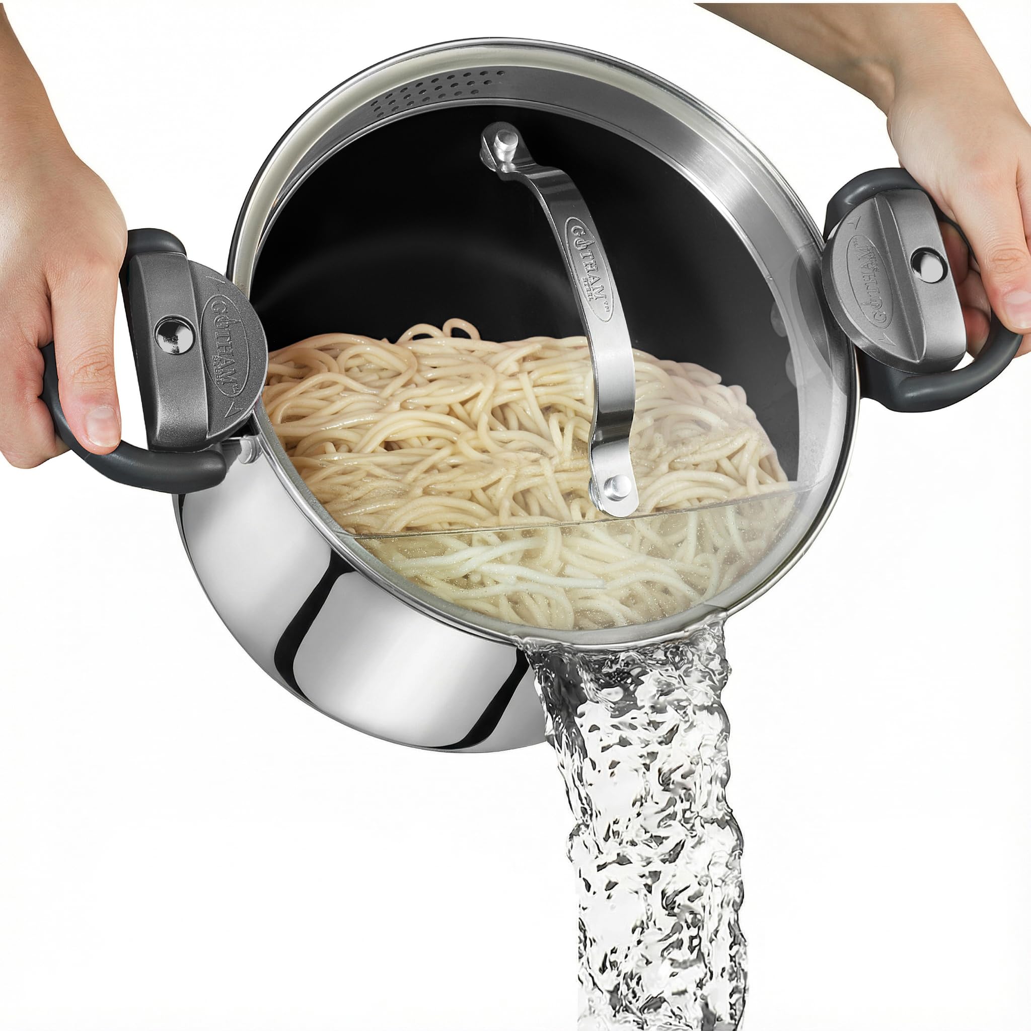 GOTHAM STEEL 5 Qt Stainless Steel Stock Pot Multipurpose Pasta Pot with Strainer Lid & Twist and Lock Handles, for Soup, Spaghetti, Rice, Induction Ready, Dishwasher Safe Image