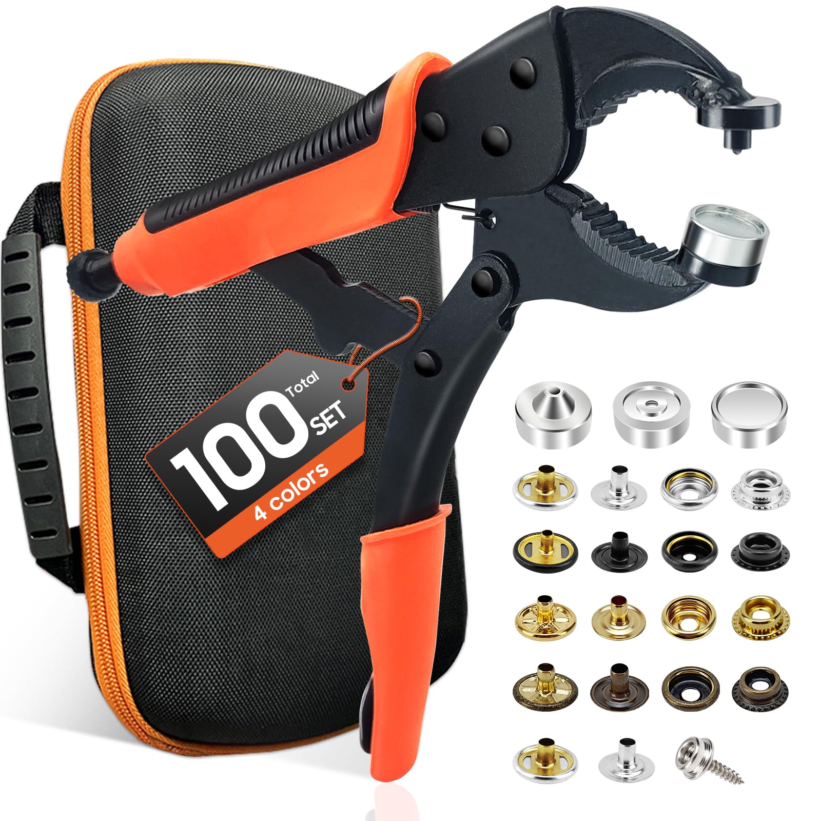 Heavy Duty Snap Fastener Tool kit, Punching Function, Snap Button Tool with Adjustable Setter, 15mm snap Tool with 100 Sets Boat Cover Snaps