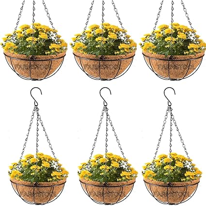 FARMSTOOL Coir Hanging Basket 10INCH 6 Pcs Pots for Plant Metal Chain with Basket for Balcony Garden Decoration Indoor Outdoor
