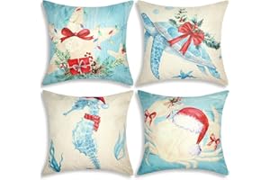 HunnmingRe 4 Pcs Christmas Sealife Coastal Pillow Covers Coastal Christmas Decoration Linen Throw Pillow Covers Sea Ocean Nautical Decorative Pillowcase for Couch Outdoor Sofa Living Room (20 Inch)