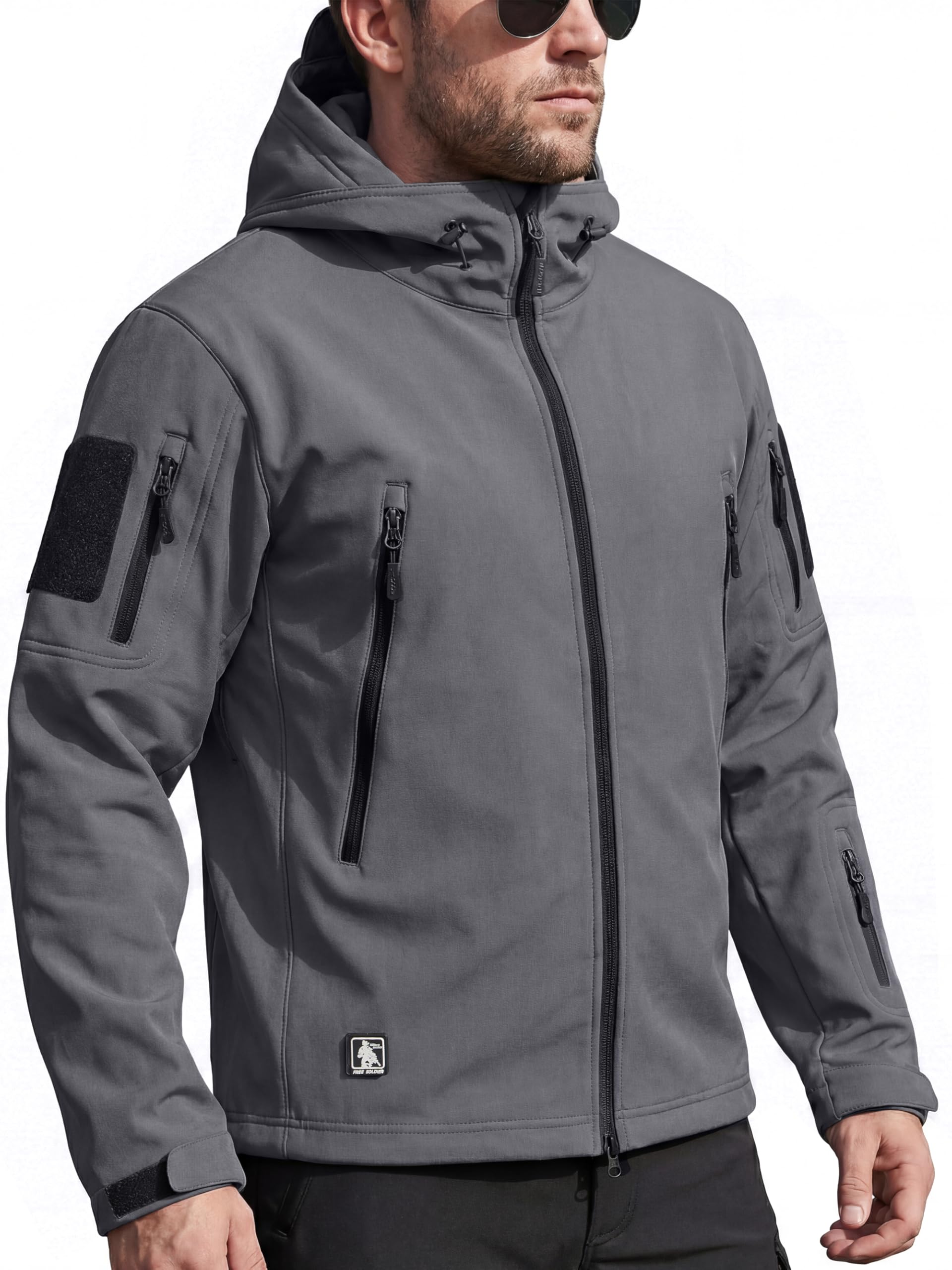 FREE SOLDIER Men's Outdoor Waterproof Soft Shell Hooded Military Tactical Rain Jacket (Gray Melange, S) Image