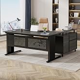 Tribesigns 63 Inch Executive Desk with File Cabinet, L Shaped Office Desk with Drawers and Storage Shelves, Business Furniture Set Workstation for Home Office, Gray and Black