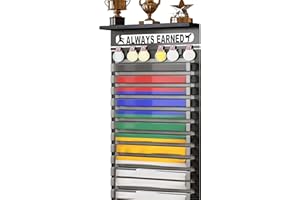TL TONLOK 3 in 1 Karate and 12 Belts Taekwondo Belt Display Rack with Medal Hanger, Trophy/Photo Rack, and Felt Dustproof Design. (Always Earned, 12 Belts)