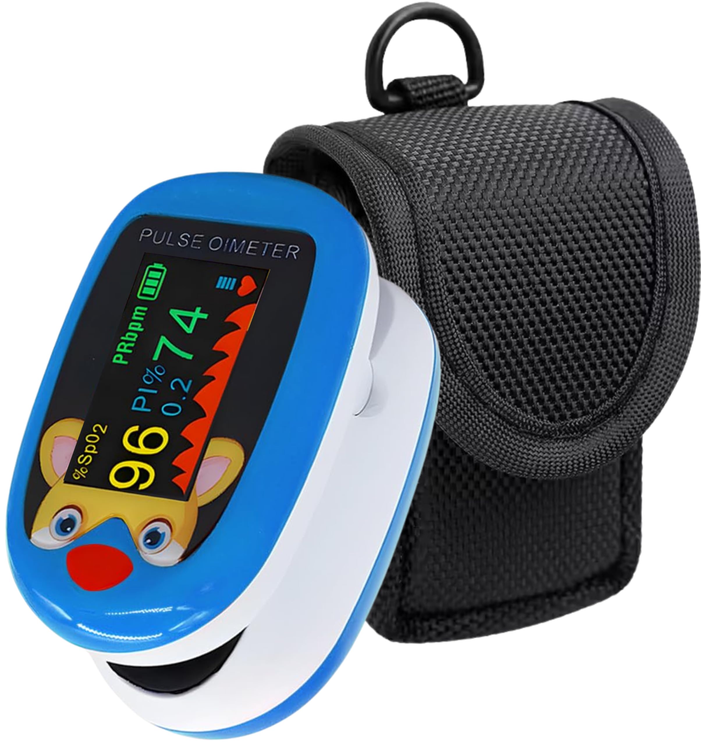 Pediatric Pulse Oximeter with Bag Heart Rate Stats Monitor Kids Finger Blood Oxygen Saturation Monitoring Children SpO2 Levels Detection TFT Lanyard & USB (Storage bag with Blue Oximeter)