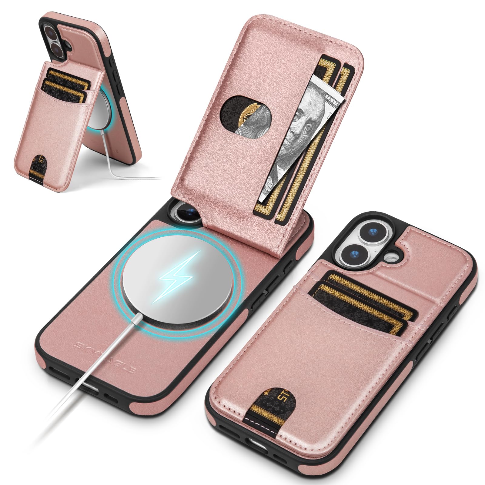 SkyEagle Compatible with Magsafe for iPhone 17 Wallet Case with Card Holder Kickstand RFID Blocking Flip Cover Credit Card Slots PU Leather Men Women,Phone Case for Apple 17 6.3",Rose Gold