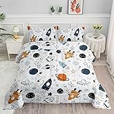 Datura home Space Universe Rocket Comforter Sets for Boys Girls Kids,Galaxy Alien Spaceship Planet,Duvet 3Pcs in Bedding Sets with 1 Comforter and 2 Pillowcases(Space Twin)