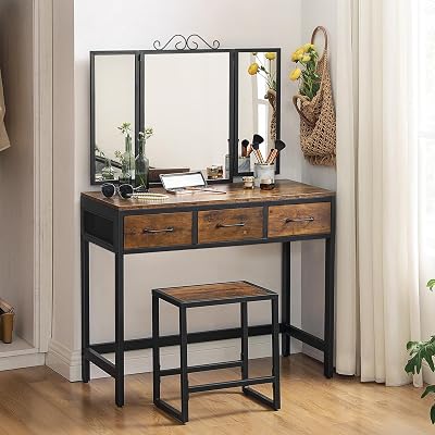 VASAGLE Dressing Table and Stool Set with Triple Fold Mirror RVT02BX