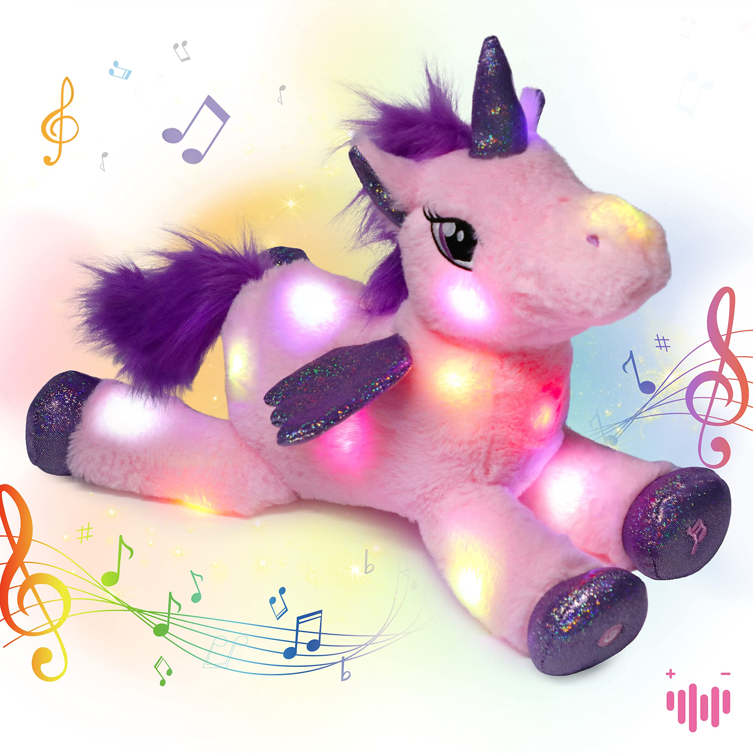 Photo 1 of Hopearl LED Musical Stuffed Unicorn Lighting Up Singing Plush Toy Adjustable Volume Lullaby Animated Soothe Birthday Festival for Kids Toddler Girls, Pink, 16''